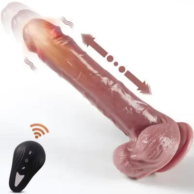 Realistic dildo vibrator with suction base and wireless remote control, designed for thrusting and vibration
