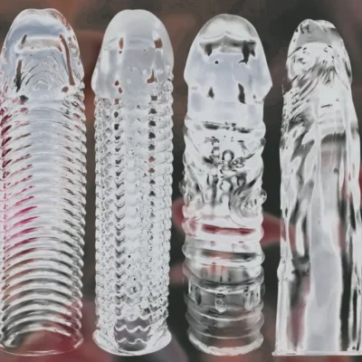 Pack of 4 crystal textured penis sleeves in different shapes and textures for length and girth enhancement