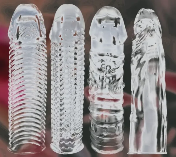 Pack of 4 crystal textured penis sleeves in different shapes and textures for length and girth enhancement