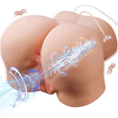 An illustration of a sex toy torso with internal heating, suction, and vibration functions.