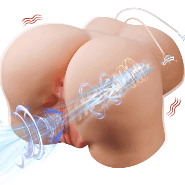An illustration of a sex toy torso with internal heating, suction, and vibration functions.