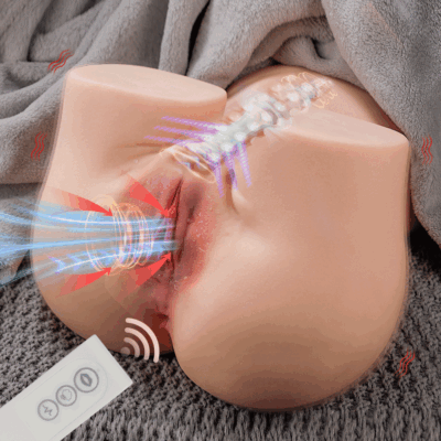 A sex toy torso on a bed with a remote control, showing internal illustrations of different modes.