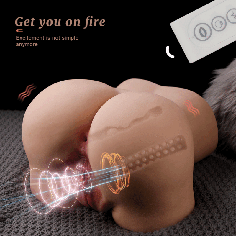 A sex toy torso with internal glowing illustrations and a remote, with text "Get you on fire".