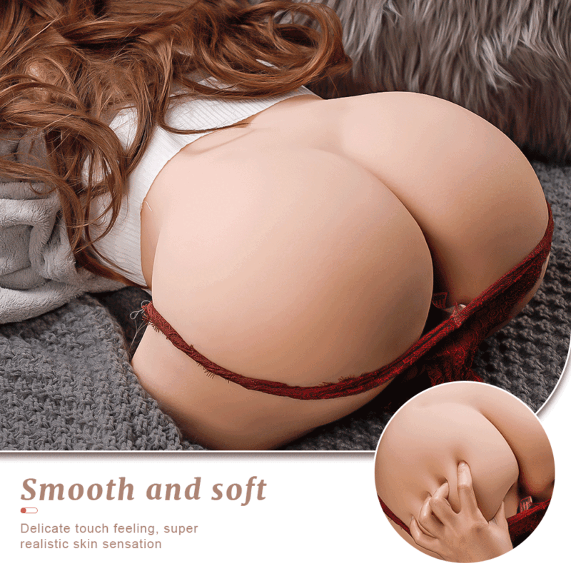 A person touching a realistic sex toy torso on a bed, with text "Smooth and soft" and a close-up of the skin.