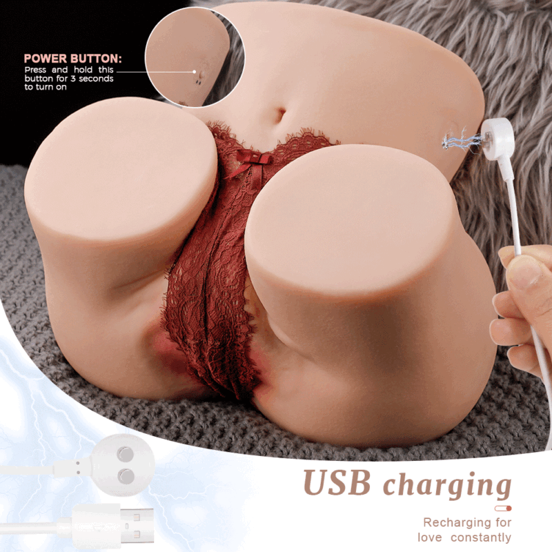 A sex toy torso being charged with a USB cable.