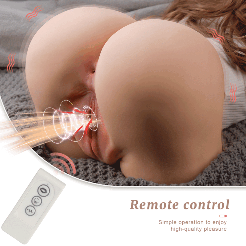 A sex toy torso with internal glowing illustrations and a remote control on the side.