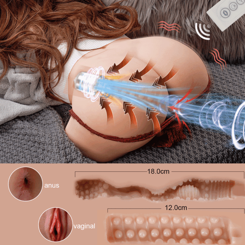 A sex toy torso on a bed with a remote, showing internal structure, and a detailed cross-section of the vagina and anus.