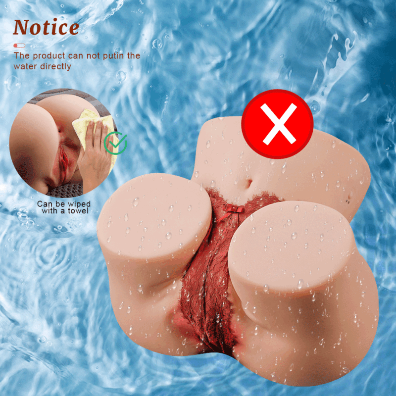 Adult sex toy torso in water with a red cross, and a person wiping it with a towel with a green check mark.