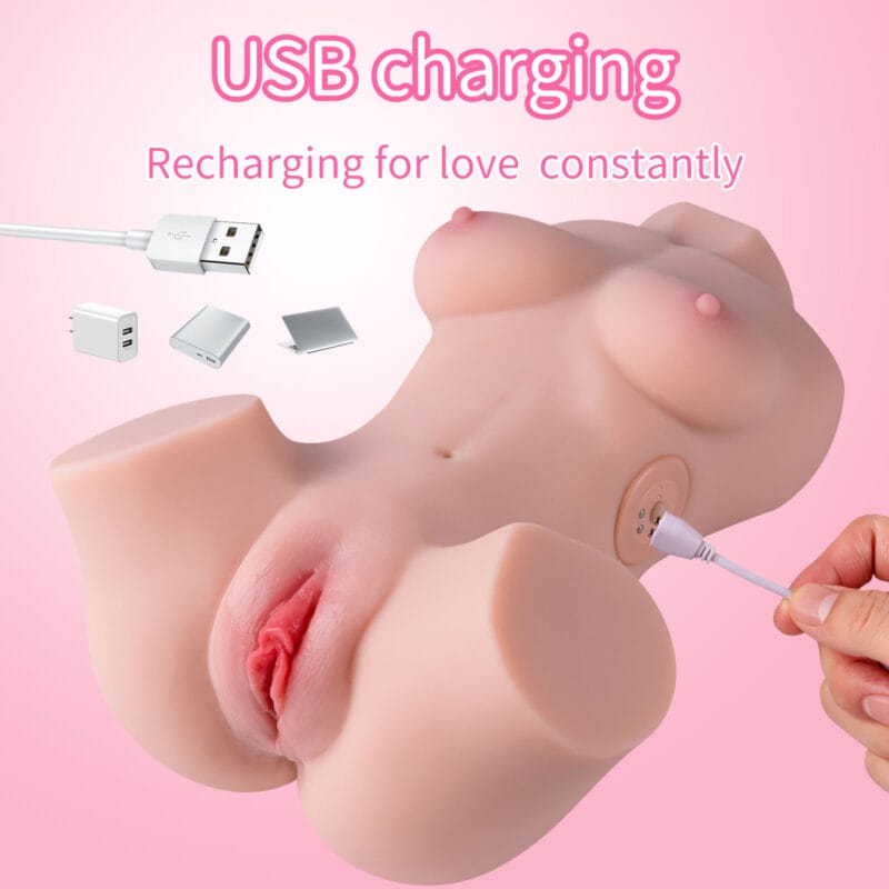 Illustration of how to charge the mini torso masturbator using a USB cable.