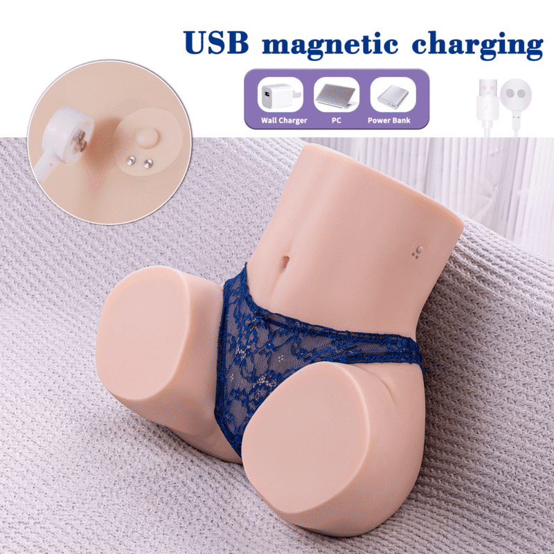 The torso masturbator showing the USB magnetic charging port and options.