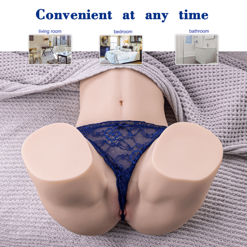A realistic TPR torso masturbator with blue lace panties on a knitted blanket.