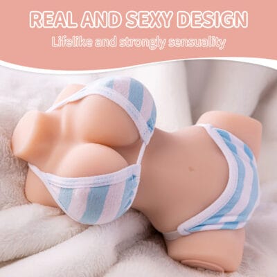 A realistic half-torso pocket sex doll, wearing a striped bikini, with the text "REAL AND SEXY DESIGN" and "Lifelike and strongly sensuality" overlaid.