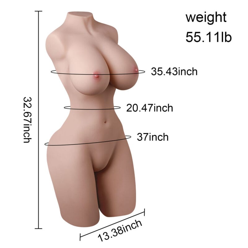The doll with its dimensions (height, bust, waist, hips) and weight labeled.