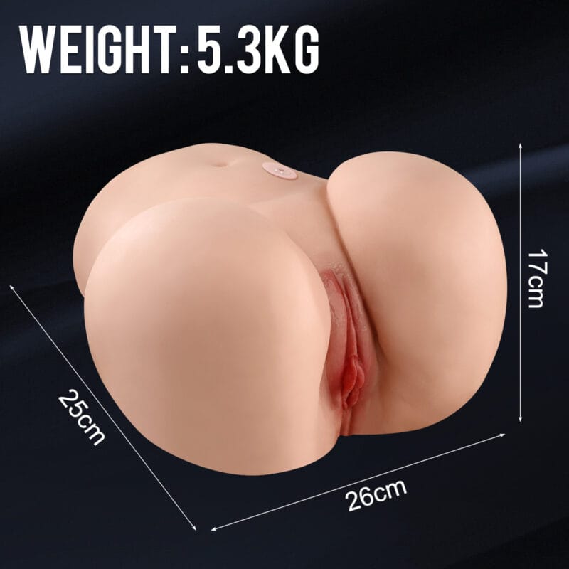 A realistic torso masturbator with imperial measurements for its weight and dimensions.