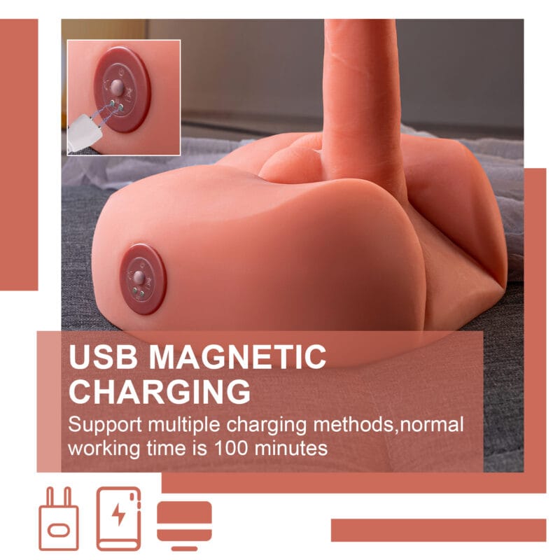 A close-up of the USB magnetic charging port on the masturbator.