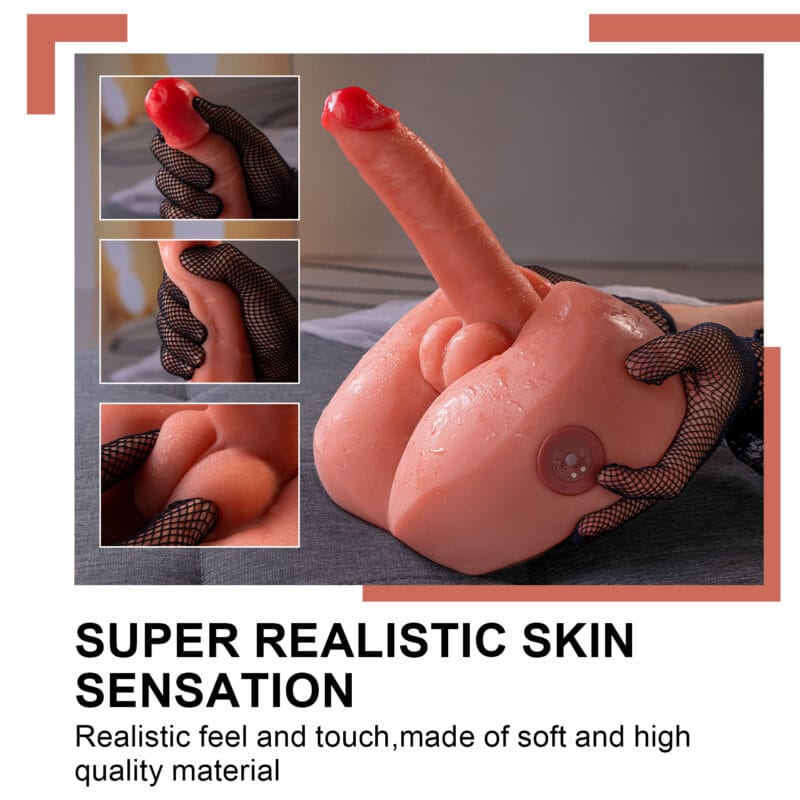 Close-up shots of a hand holding the soft TPR material of the masturbator to show its realistic skin sensation.