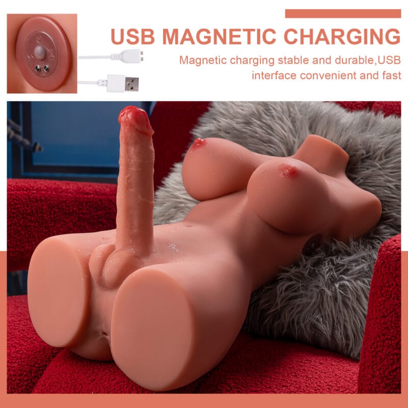 A shot of the torso showing the USB magnetic charging cable connected.