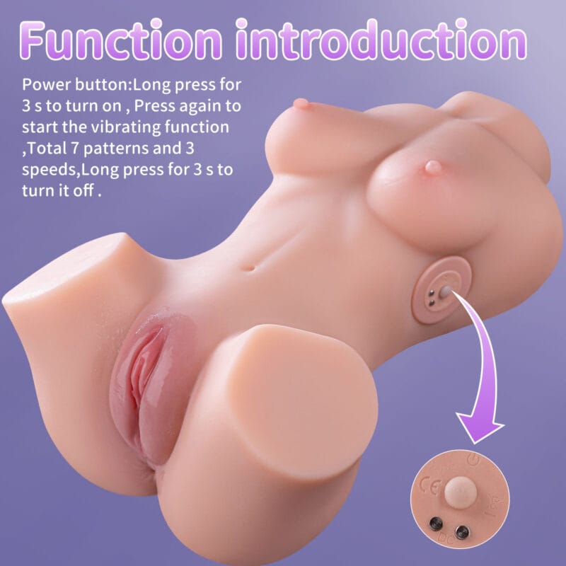 Close-up of realistic torso sex doll showing the power button and vibration function.