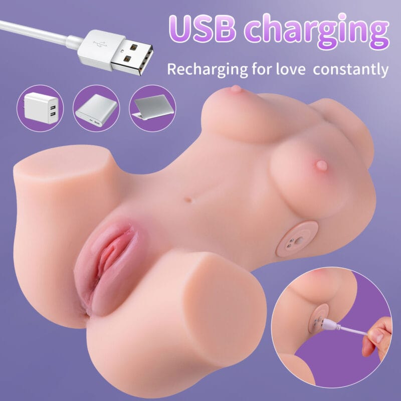 Realistic sex doll showing its USB charging capability.