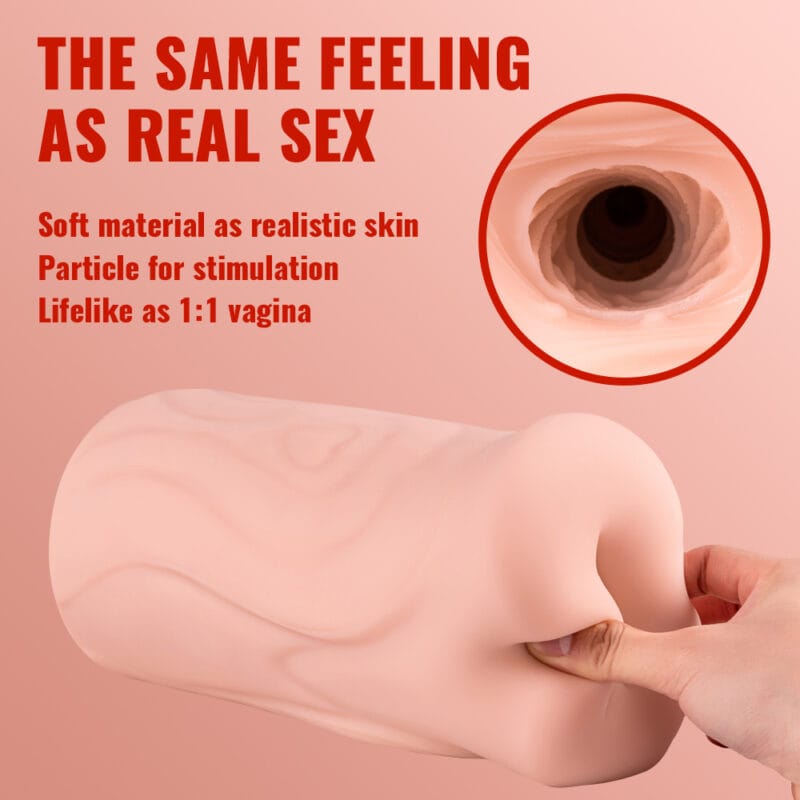 The masturbator held in a hand with a magnified view of the internal texture.