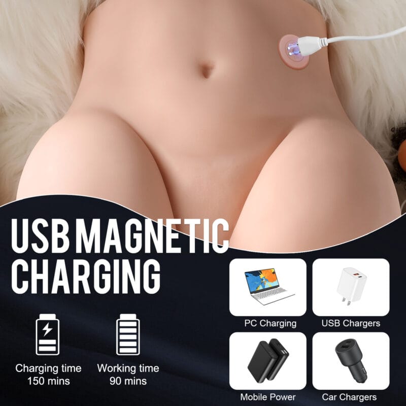 A female torso masturbator with a USB magnetic charging cable connected, showing different charging options and battery life.
