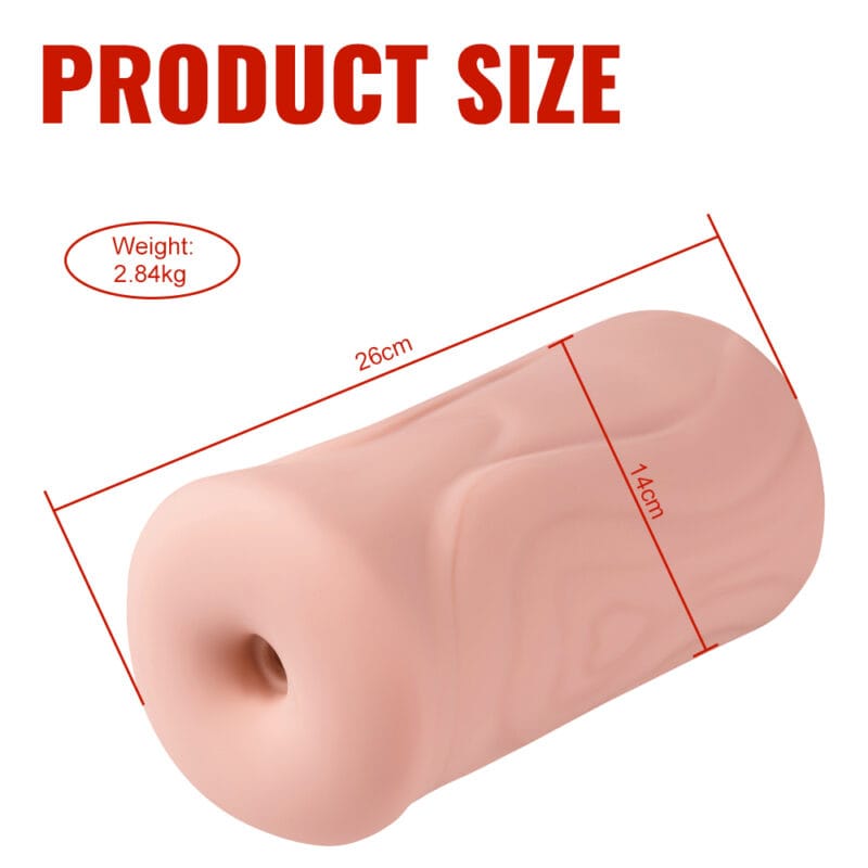 The masturbator with its dimensions and weight displayed.