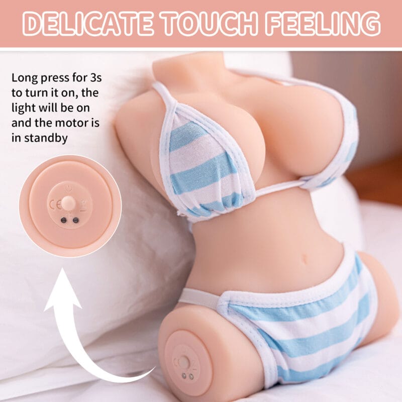 A close-up of the back of the torso sex doll showing the power button and charging port, with text explaining how to turn it on with a 3-second long press.