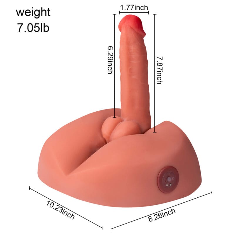 A detailed diagram showing the dimensions and weight of the realistic male masturbator.