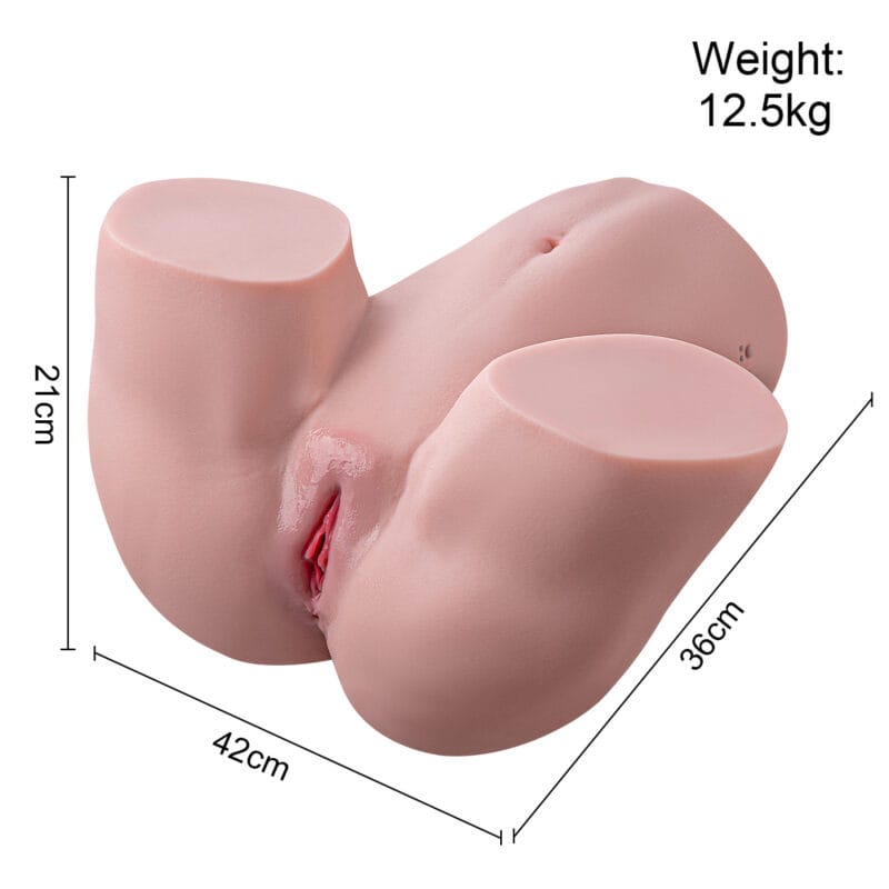 The realistic torso masturbator with its length, height, and weight measurements.