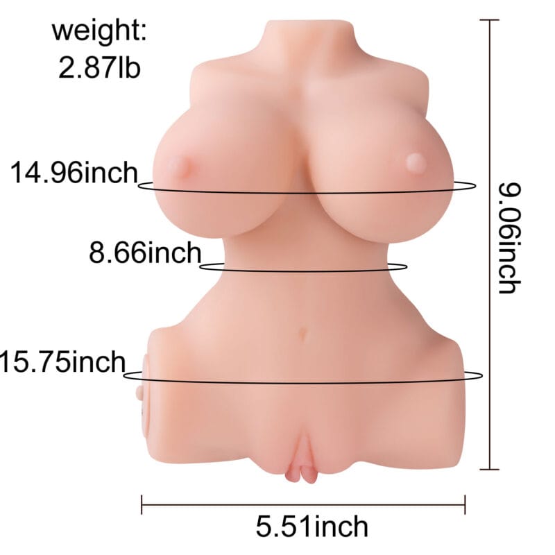 An anatomical image of the torso sex doll with its weight (2.87lb) and key dimensions (14.96in, 8.66in, 15.75in, 9.06in, 5.51in) clearly labeled in inches.